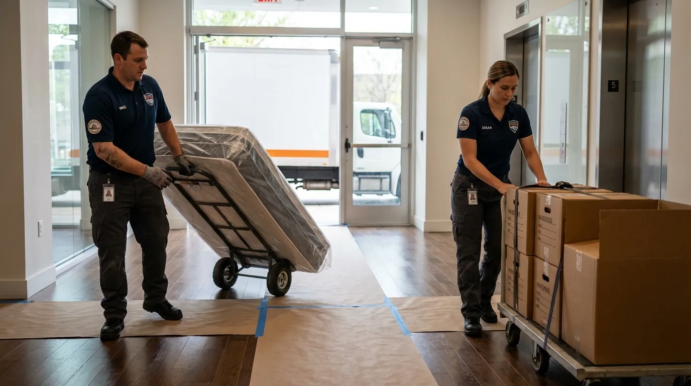 Professional apartment movers loading elevator in Graysville, TN