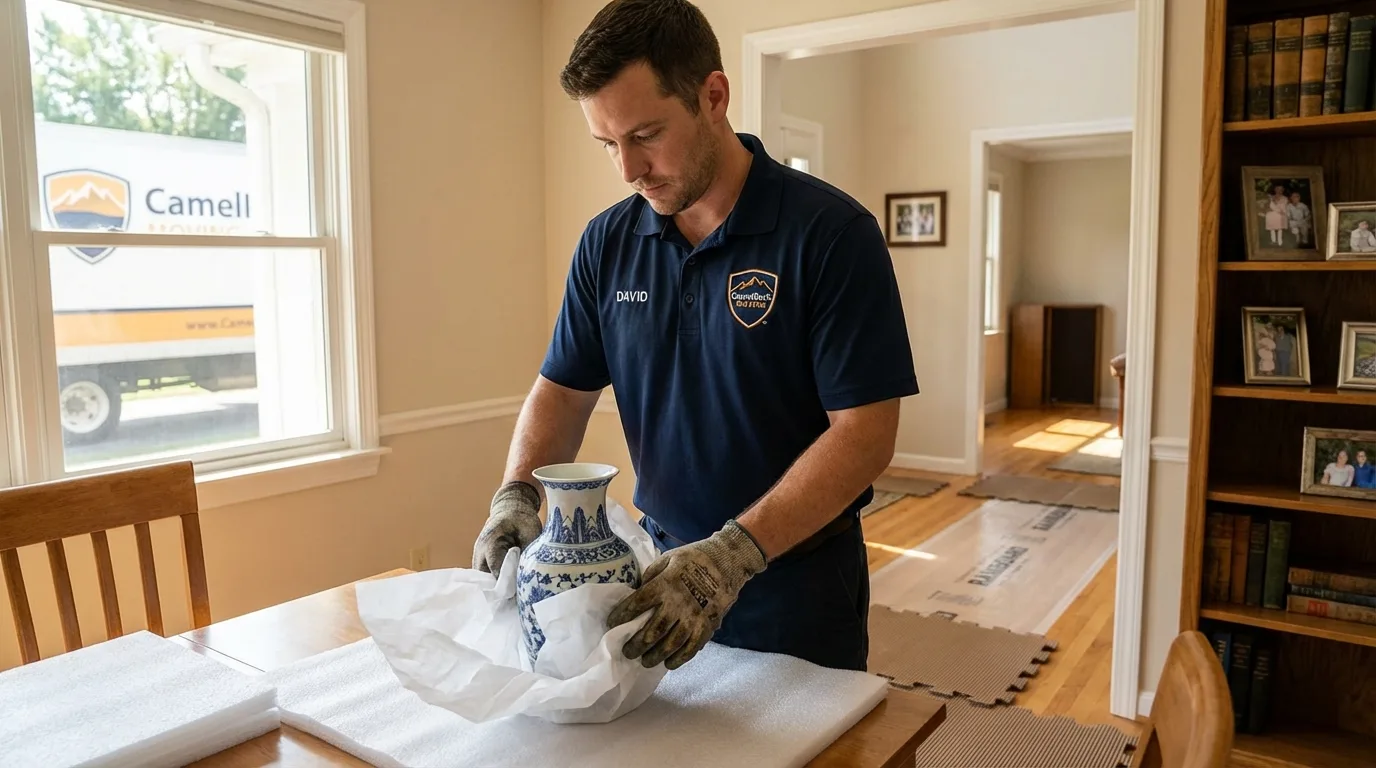 Professional crew carefully wrapping antique vase for senior downsizing move in Graysville, TN